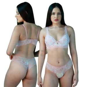 CONJUNTO DE RENDA COM BOJO BRANCO E ROSA - TAM G