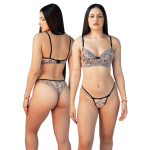 CONJUNTO DE RENDA COM BOJO NUDE E PRETO - TAM G