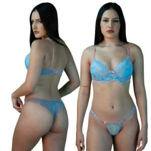 CONJUNTO DE RENDA COM BOJO AZUL CLARO E ROSA - TAM G