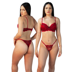 CONJUNTO DE RENDA COM BOJO VERMELHO E PRETO - TAM G