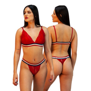 CONJUNTO DE RENDA VERMELHO COM ELASTICO TRICOLOR - TAM GG