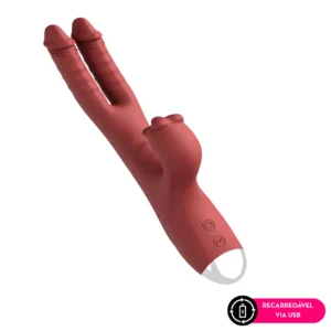 VIBRADOR DUPLO VAI E VEM COM ESTIMULADOR CLITORIANO